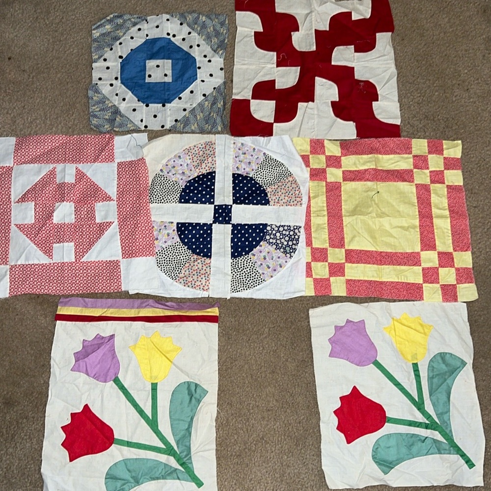 Lot vintage handmade quilt blocks squares 15” & 12” use for pillows etc